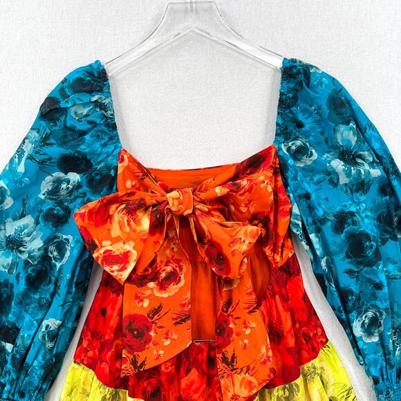 ALICE AND OLIVIA Rowen Tiered Babydoll Dress Womens XS Blue Red Floral Print - Picture 5 of 16